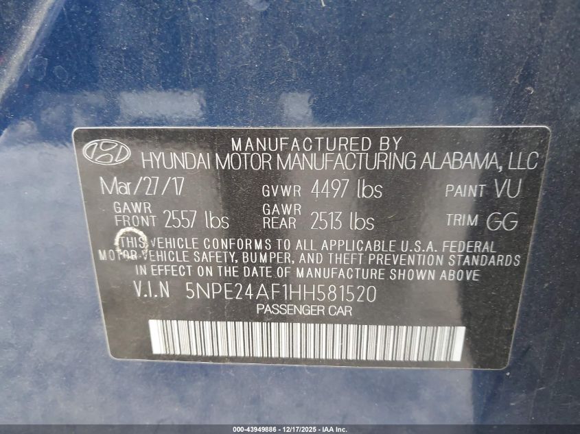 2017 Hyundai Sonata Se VIN: 5NPE24AF1HH581520 Lot: 43949886