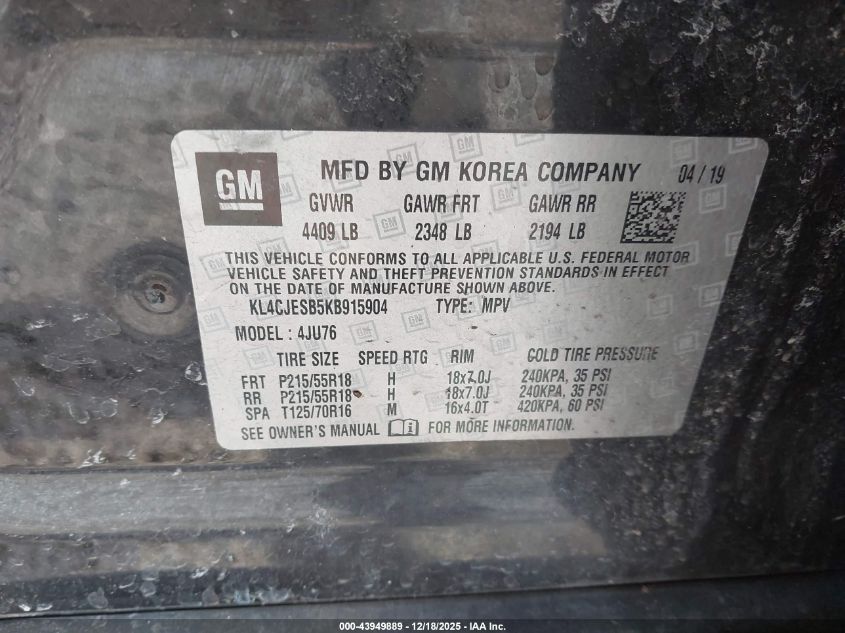 2019 Buick Encore Awd Preferred VIN: KL4CJESB5KB915904 Lot: 43949889