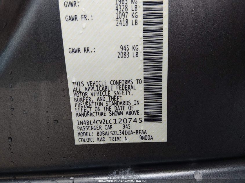 2020 Nissan Altima Sr Fwd VIN: 1N4BL4CV2LC120745 Lot: 43949891