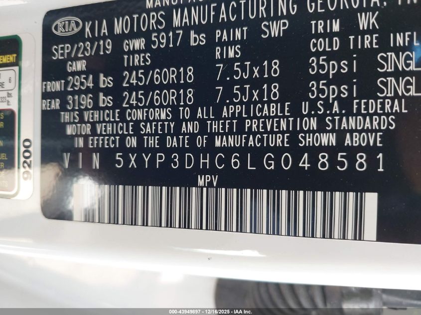 2020 Kia Telluride Ex VIN: 5XYP3DHC6LG048581 Lot: 43949897