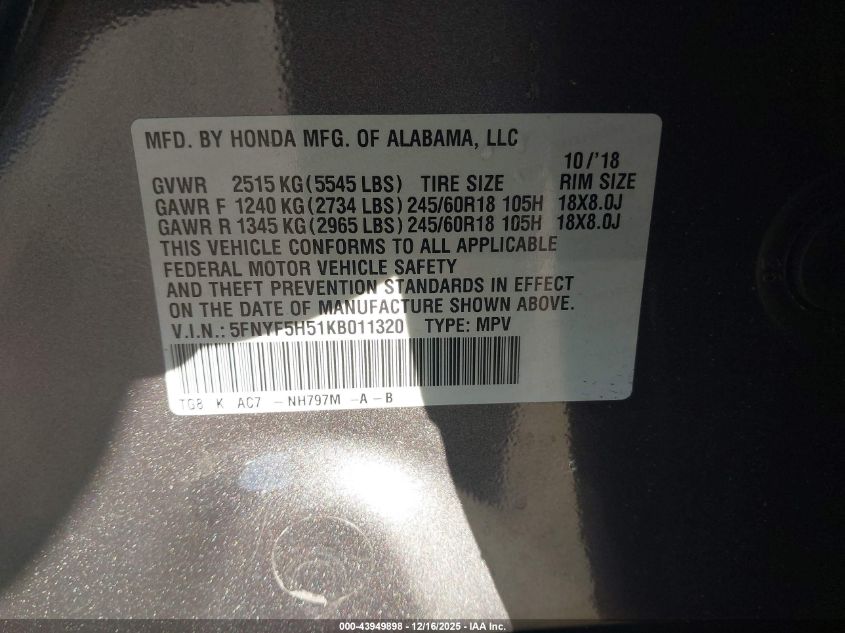 2019 Honda Pilot Ex-L VIN: 5FNYF5H51KB011320 Lot: 43949898