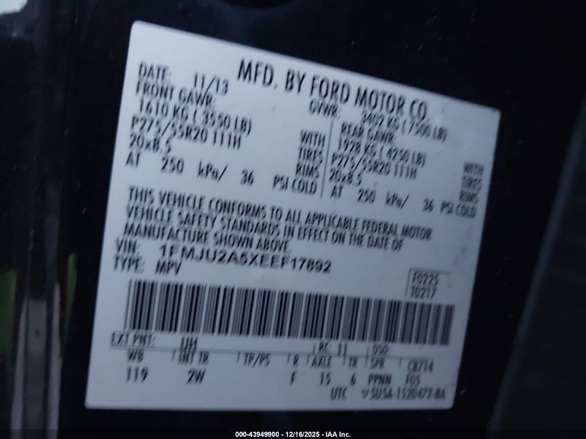 2014 Ford Expedition Limited VIN: 1FMJU2A5XEEF17892 Lot: 43949900