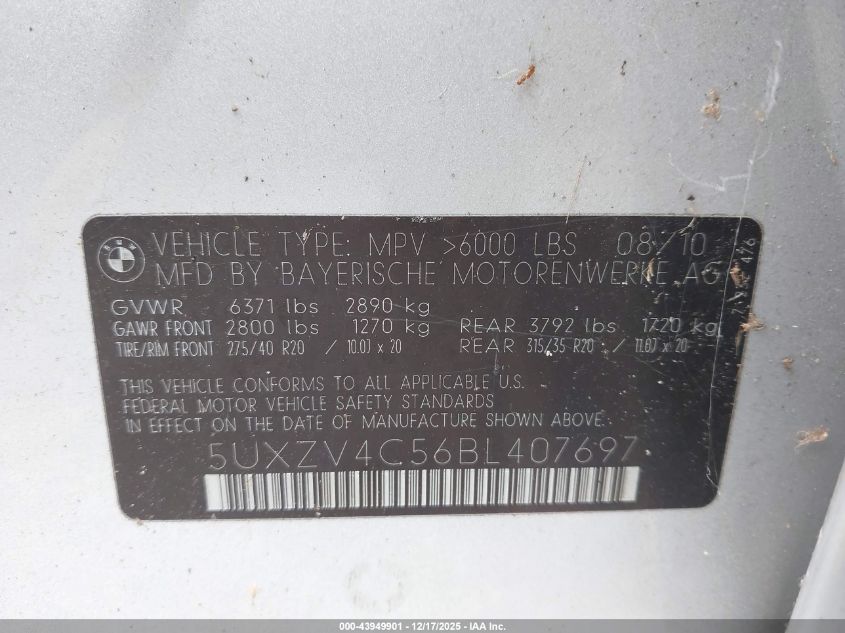 2011 BMW X5 xDrive35I/xDrive35I Premium/xDrive35I Sport Activity VIN: 5UXZV4C56BL407697 Lot: 43949901