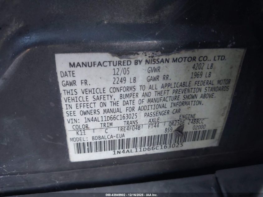 2006 Nissan Altima 2.5 S VIN: 1N4AL11D66C163025 Lot: 43949902