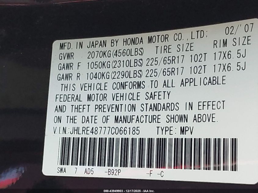 2007 Honda Cr-V Ex-L VIN: JHLRE48777C066185 Lot: 43949903