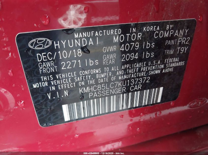 2019 Hyundai Ioniq Hybrid Limited VIN: KMHC85LC7KU137372 Lot: 43949905