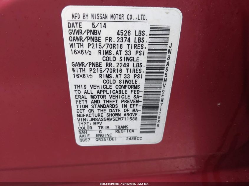 2014 Nissan Rogue Select S VIN: JN8AS5MV5EW711588 Lot: 43949908