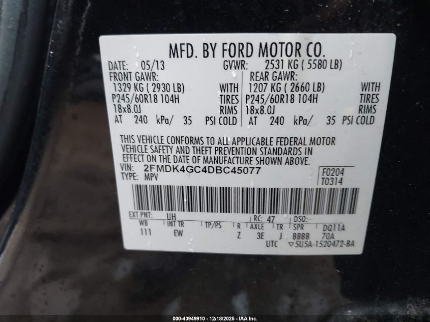 2013 Ford Edge Se VIN: 2FMDK4GC4DBC45077 Lot: 43949910