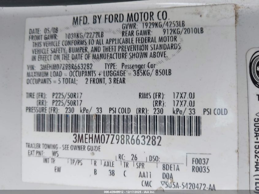 2008 Mercury Milan I4 VIN: 3MEHM07Z98R663282 Lot: 43949912