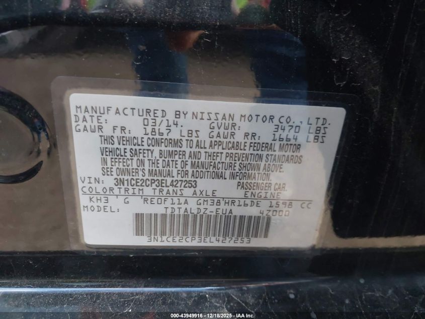 2014 Nissan Versa Note Sv VIN: 3N1CE2CP3EL427253 Lot: 43949916