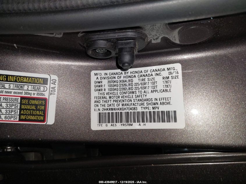 2016 Honda Cr-V Se VIN: 2HKRM4H4XGH704083 Lot: 43949917