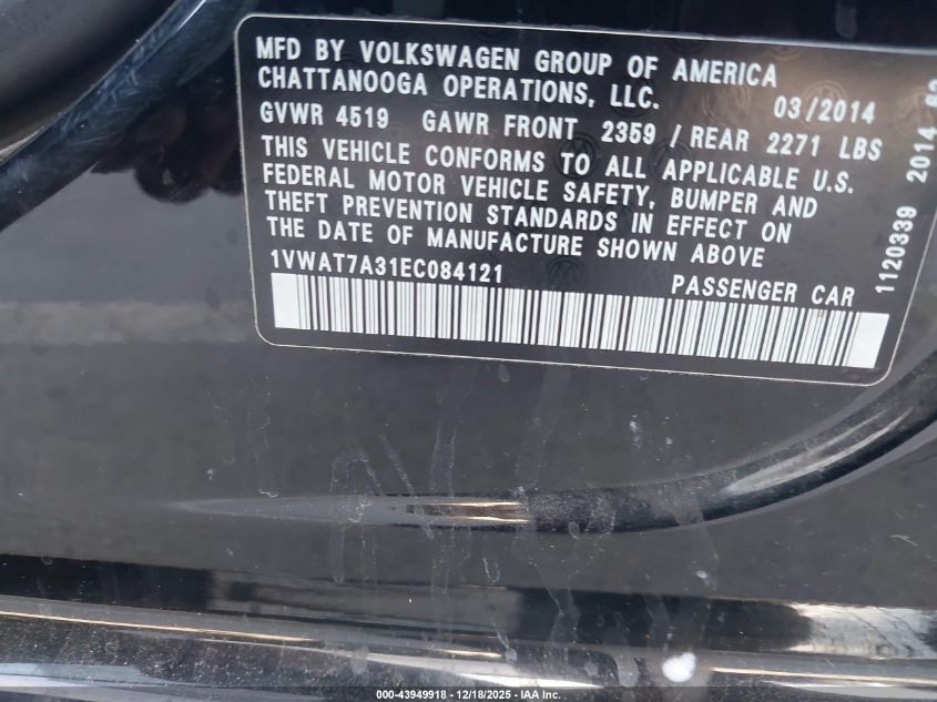 2014 Volkswagen Passat 1.8T Wolfsburg Edition VIN: 1VWAT7A31EC084121 Lot: 43949918