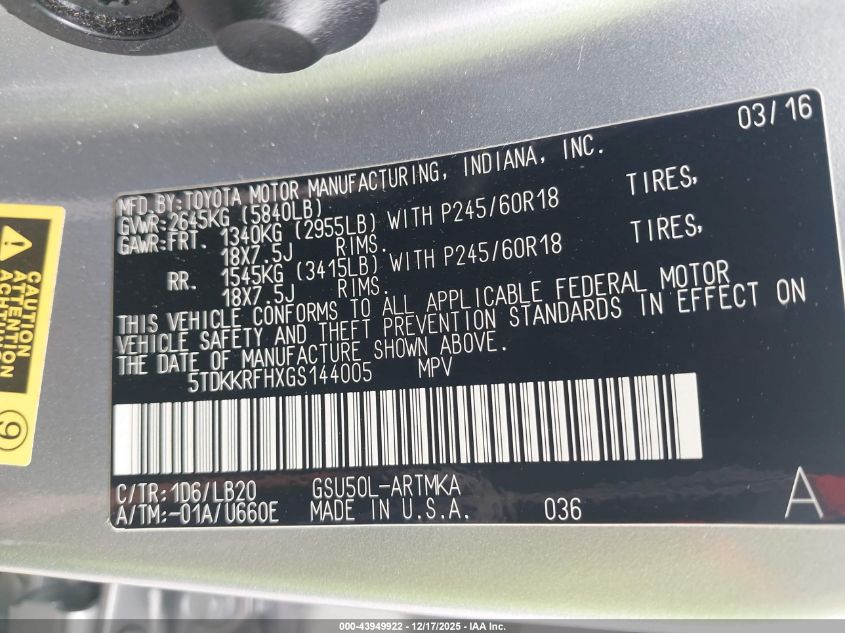 2016 Toyota Highlander Xle V6 VIN: 5TDKKRFHXGS144005 Lot: 43949922