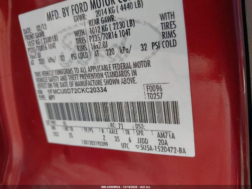 2012 Ford Escape Xlt VIN: 1FMCU0D72CKC20334 Lot: 43949924