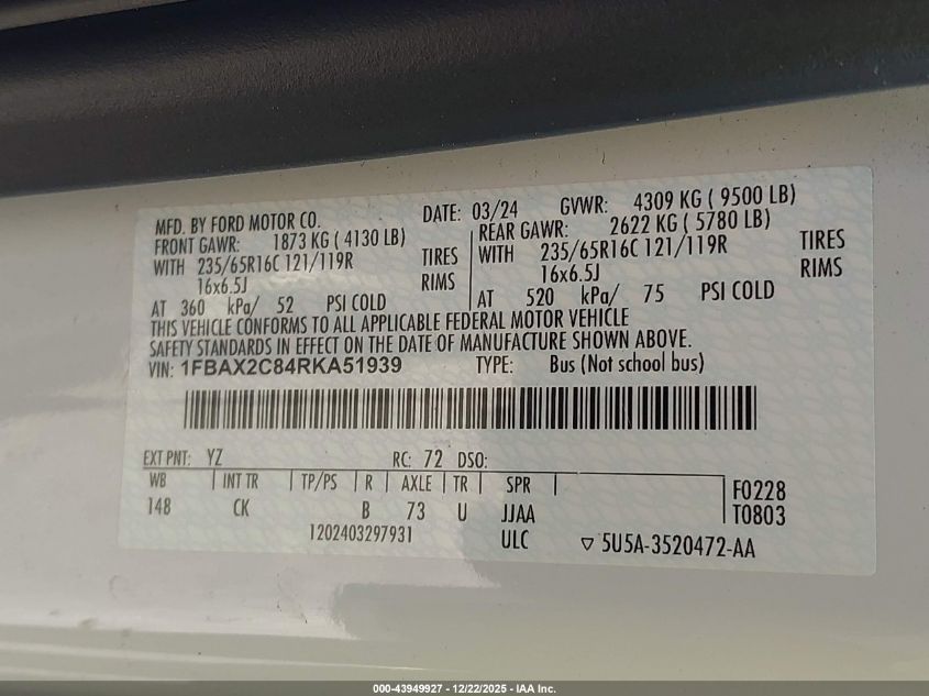 2024 Ford Transit-350 Passenger Van Xlt VIN: 1FBAX2C84RKA51939 Lot: 43949927