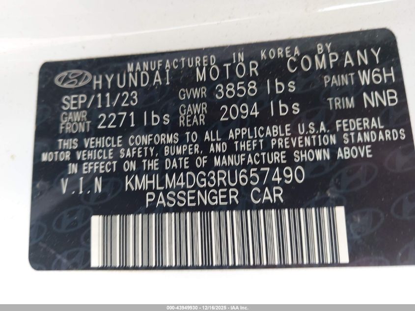 2024 Hyundai Elantra Sel VIN: KMHLM4DG3RU657490 Lot: 43949930