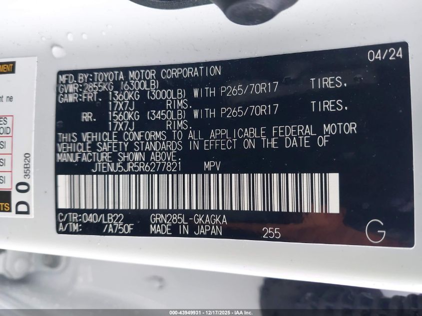 2024 Toyota 4Runner Sr5 Premium VIN: JTENU5JR5R6277821 Lot: 43949931