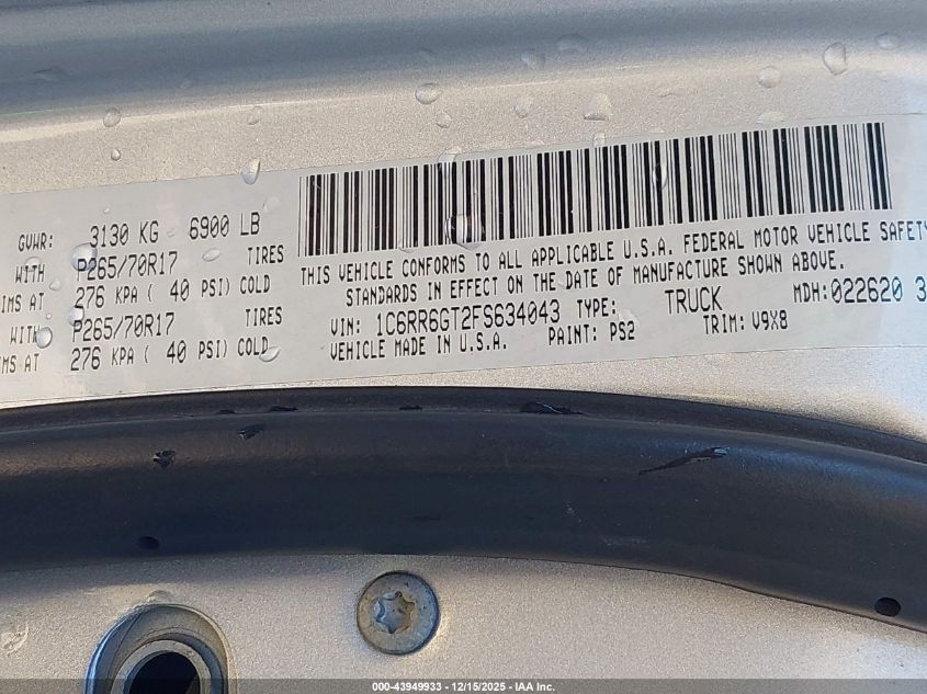 2015 Ram 1500 Slt VIN: 1C6RR6GT2FS634043 Lot: 43949933