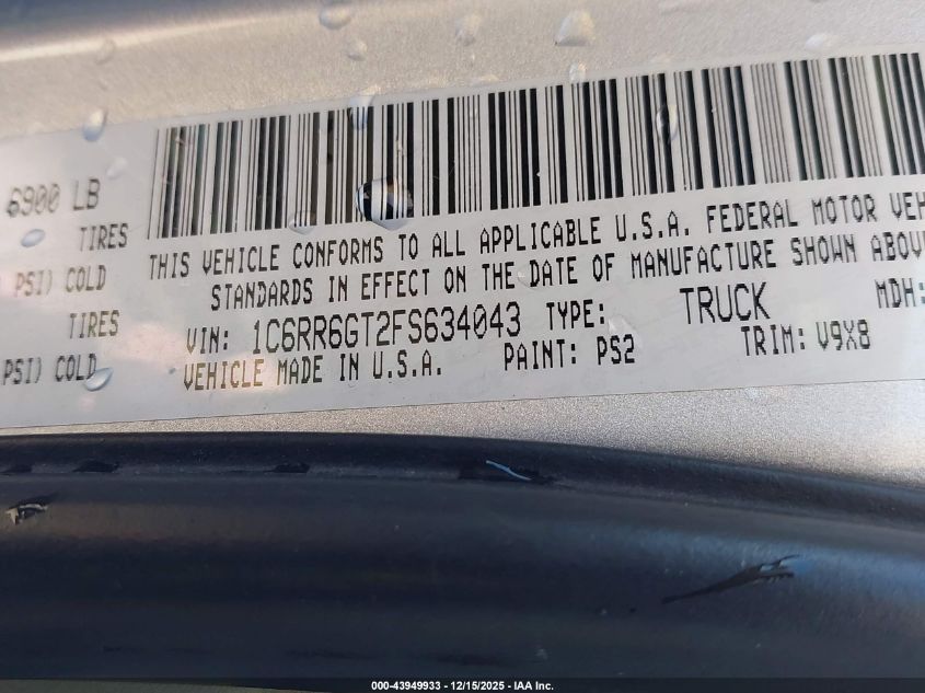 2015 Ram 1500 Slt VIN: 1C6RR6GT2FS634043 Lot: 43949933