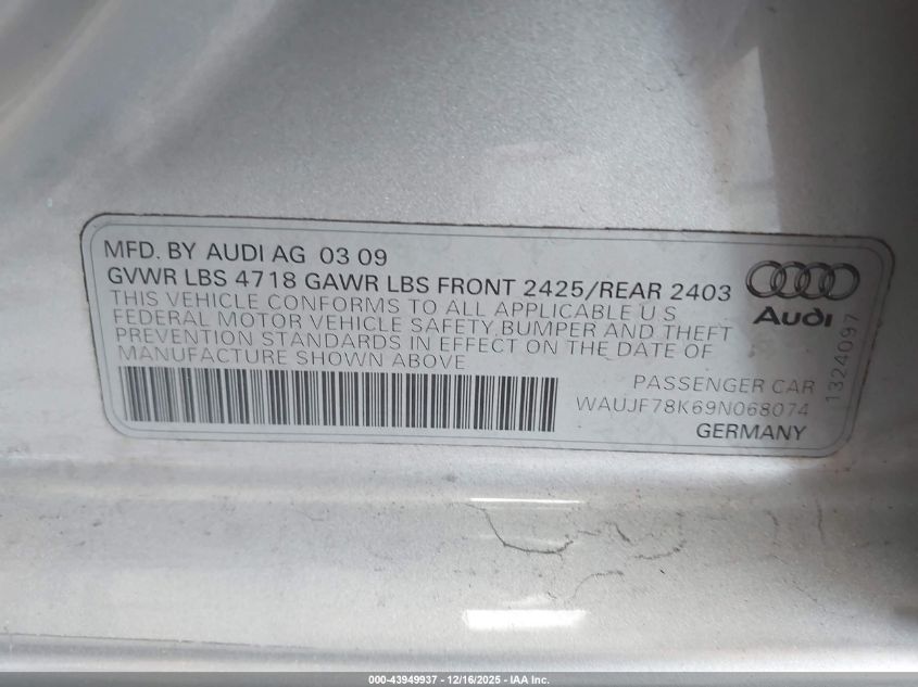 2009 Audi A4 2.0T Premium VIN: WAUJF78K69N068074 Lot: 43949937