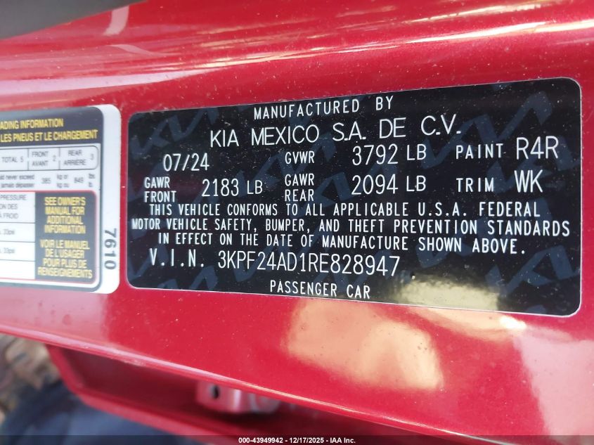 2024 Kia Forte Lxs VIN: 3KPF24AD1RE828947 Lot: 43949942