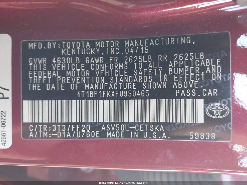 2015 Toyota Camry Se VIN: 4T1BF1FKXFU950465 Lot: 43949944