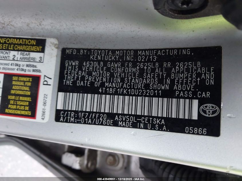 2013 Toyota Camry Se VIN: 4T1BF1FK1DU232011 Lot: 43949951