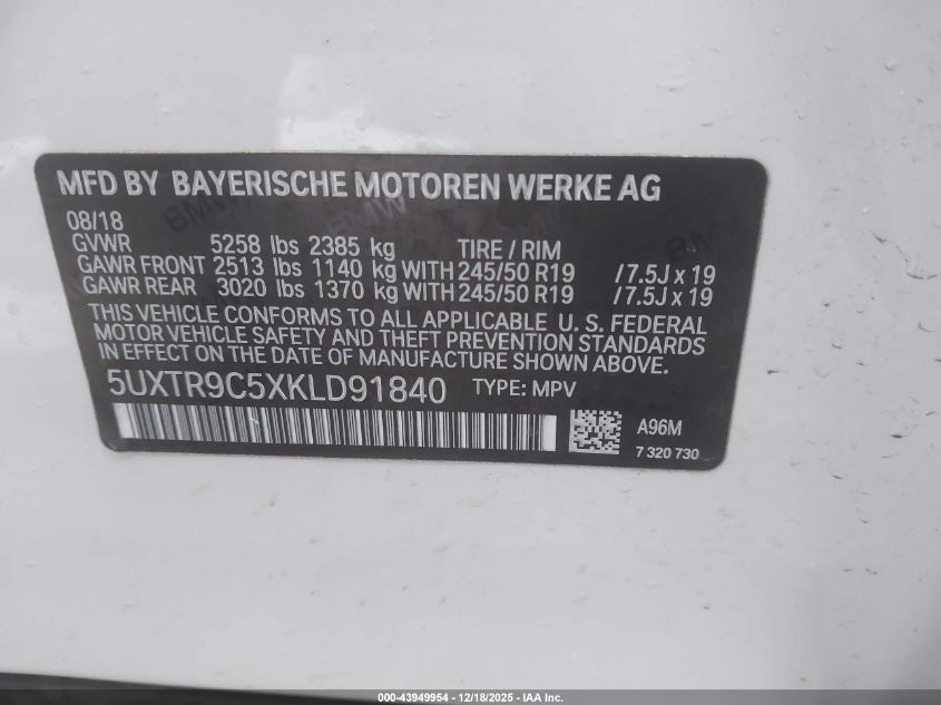 2019 BMW X3 xDrive30I VIN: 5UXTR9C5XKLD91840 Lot: 43949954