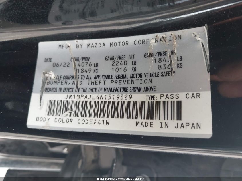 2022 Mazda Mazda3 2.5 S VIN: JM1BPAJL4N1519329 Lot: 43949956