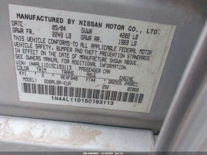 2005 Nissan Altima 2.5 S VIN: 1N4AL11D15C193113 Lot: 43949957