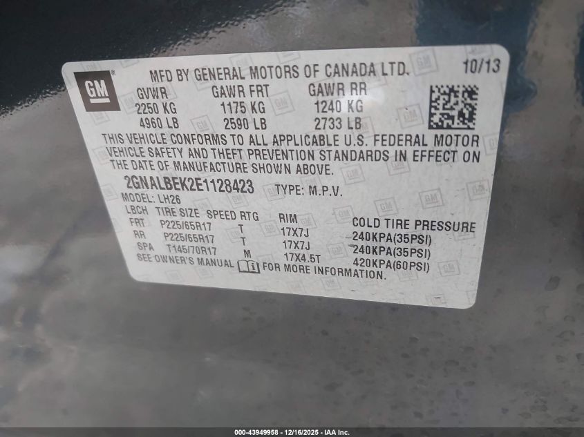 2014 Chevrolet Equinox 1Lt VIN: 2GNALBEK2E1128423 Lot: 43949958