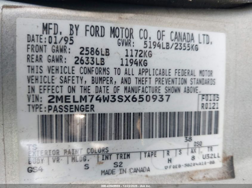 1995 Mercury Grand Marquis Gs VIN: 2MELM74W3SX650937 Lot: 43949959