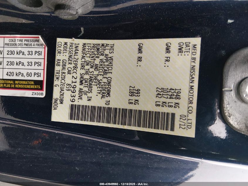 2012 Nissan Altima 2.5 S VIN: 1N4AL2EP8CC219939 Lot: 43949960