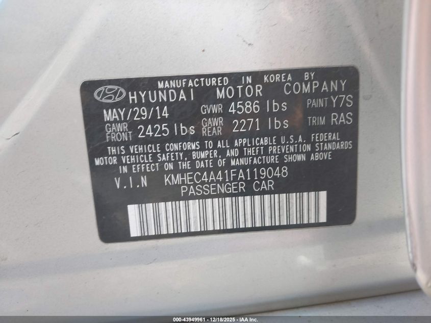 2015 Hyundai Sonata Hybrid Limited VIN: KMHEC4A41FA119048 Lot: 43949961