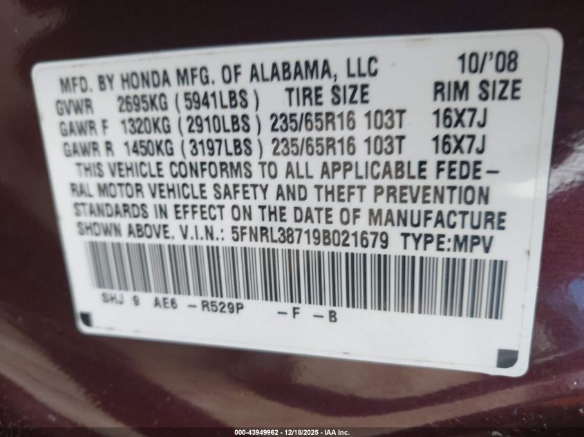 2009 Honda Odyssey Ex-L VIN: 5FNRL38719B021679 Lot: 43949962