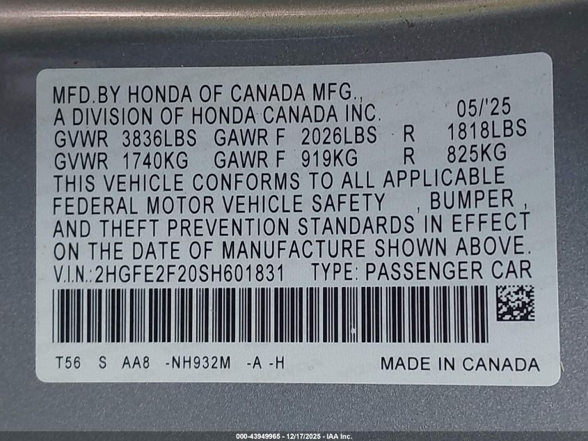 2025 Honda Civic Lx VIN: 2HGFE2F20SH601831 Lot: 43949965