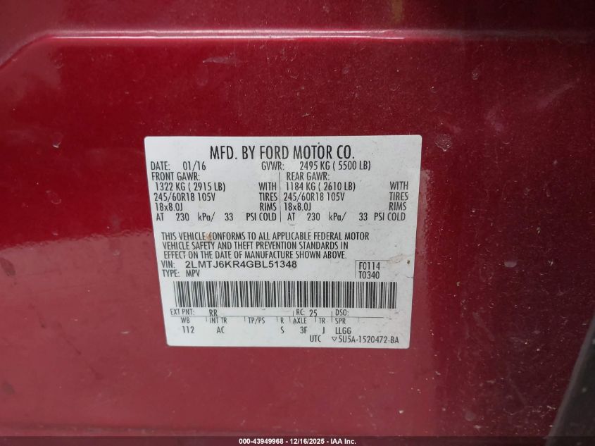 2016 Lincoln Mkx Select VIN: 2LMTJ6KR4GBL51348 Lot: 43949968