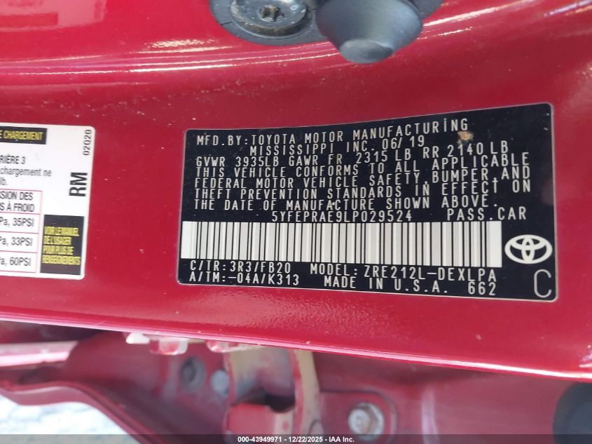 2020 Toyota Corolla Le VIN: 5YFEPRAE9LP029524 Lot: 43949971