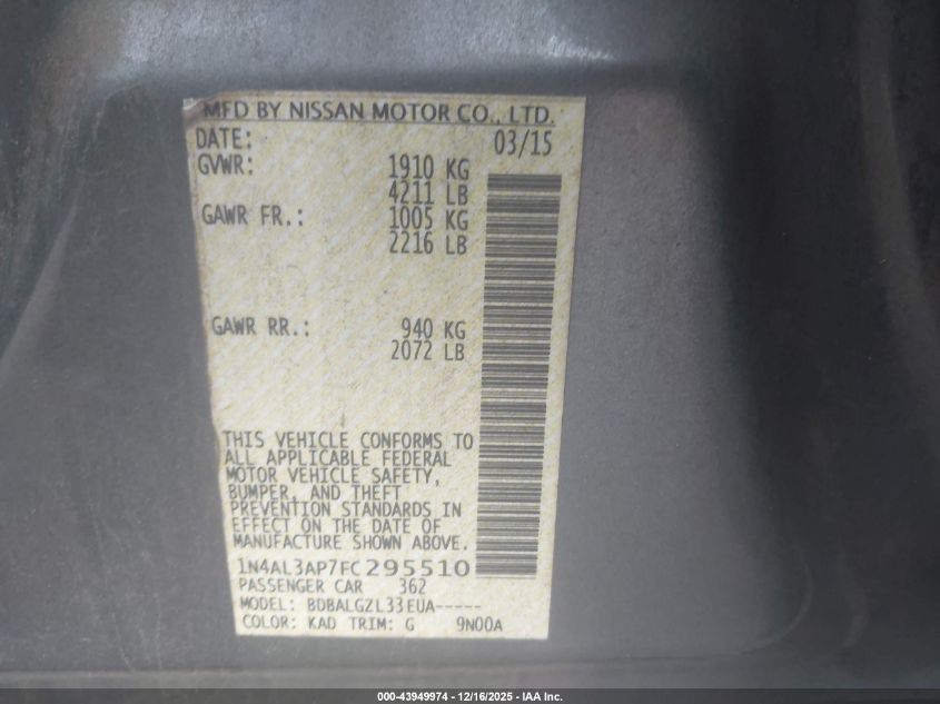 2015 Nissan Altima 2.5/2.5 S/2.5 Sl/2.5 Sv VIN: 1N4AL3AP7FC295510 Lot: 43949974