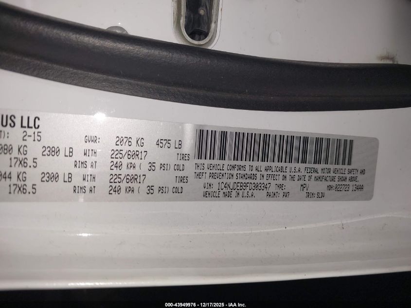 2015 Jeep Compass High Altitude Edition VIN: 1C4NJDEB9FD303347 Lot: 43949976