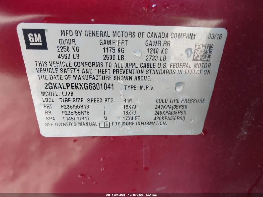 2016 GMC Terrain Slt VIN: 2GKALPEKXG6301041 Lot: 43949984