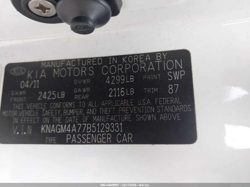 2011 Kia Optima Lx VIN: KNAGM4A77B5129331 Lot: 43949987