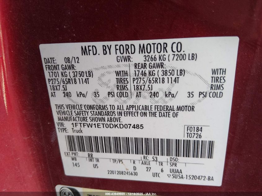 2013 Ford F-150 Xlt VIN: 1FTFW1ET0DKD07485 Lot: 43949989