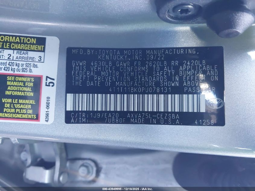 2023 Toyota Camry Se Awd VIN: 4T1T11BK0PU078131 Lot: 43949995