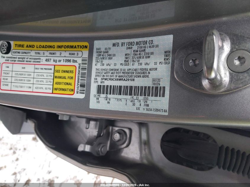 2021 Ford Bronco Sport Outer Banks VIN: 3FMCR9C68MRA29108 Lot: 43949998