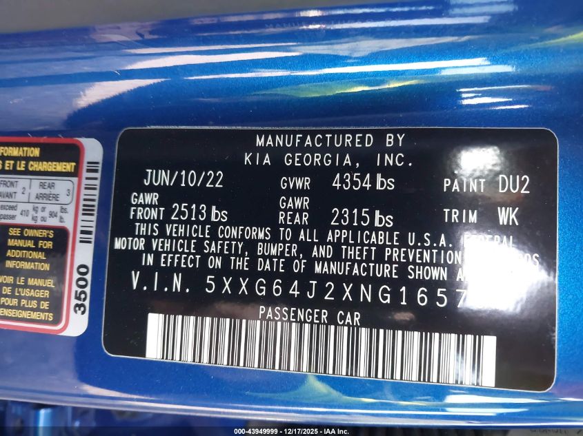 2022 Kia K5 Gt-Line VIN: 5XXG64J2XNG165757 Lot: 43949999