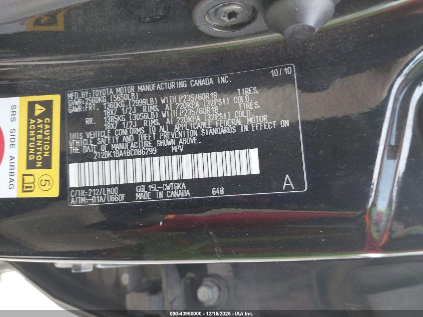 2011 Lexus Rx 350 VIN: 2T2BK1BA4BC086299 Lot: 43950000