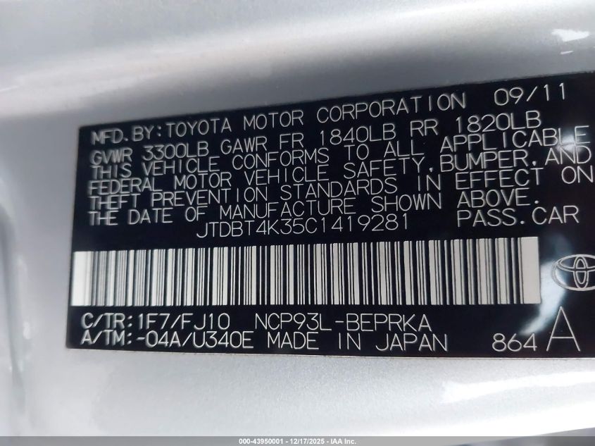 2012 Toyota Yaris VIN: JTDBT4K35C1419281 Lot: 43950001