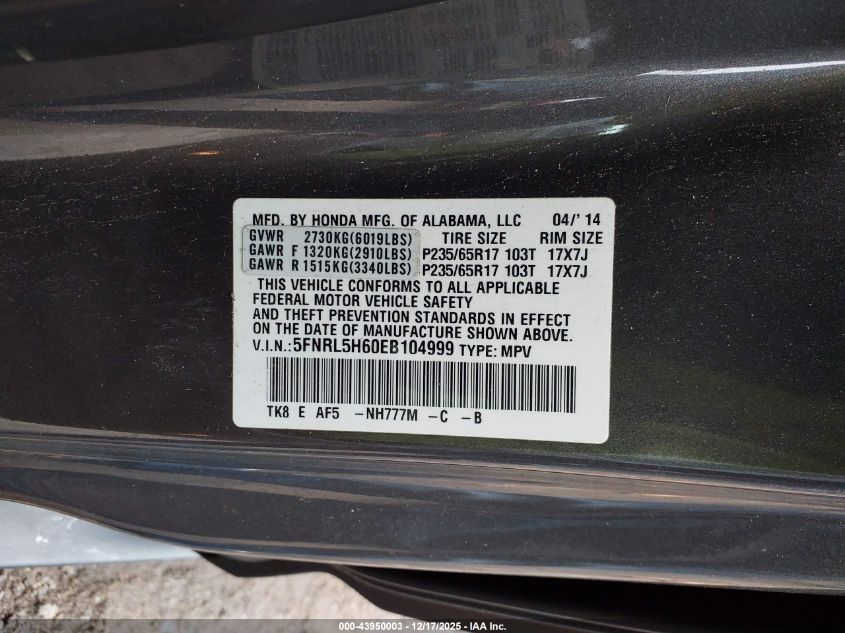 2014 Honda Odyssey Ex-L VIN: 5FNRL5H60EB104999 Lot: 43950003