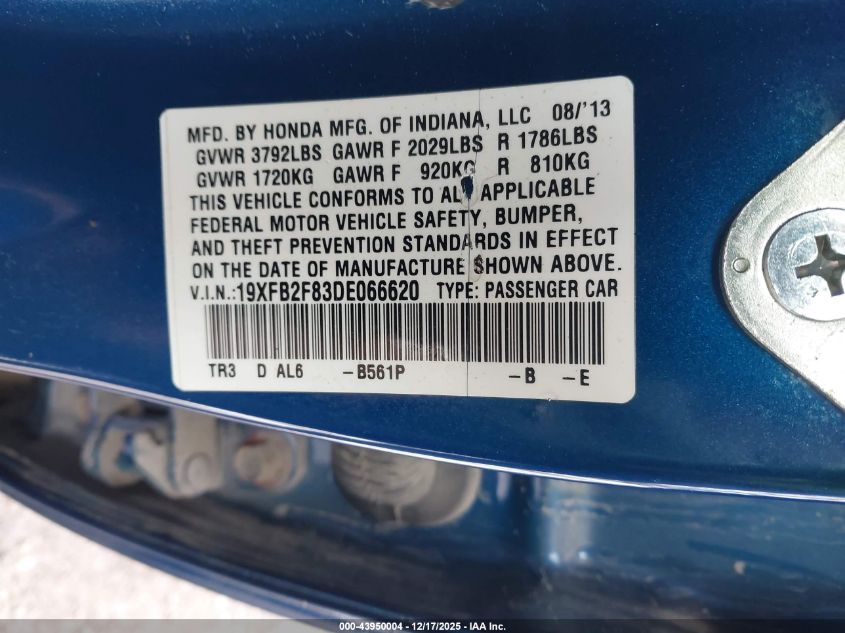 2013 Honda Civic Ex VIN: 19XFB2F83DE066620 Lot: 43950004